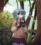  ahoge ambiguous_gender anakoluth anthro arthropod biped blue_eyes blue_hair bottomwear butterfly camera clothed clothing duo female feral hair hi_res holding_camera holding_object insect lepidopteran looking_at_another open_mouth outside photographer plant skirt surprised_expression tree 