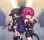  2girls akali back-to-back bangs bare_shoulders baseball_cap belt black_shorts blue_eyes breasts claws closed_mouth detached_sleeves evelynn_(league_of_legends) fur_trim grey_belt hat holding holding_weapon hood hooded_jacket jacket k/da_(league_of_legends) k/da_akali k/da_evelynn kunai league_of_legends long_sleeves looking_at_viewer mask medium_breasts mouth_mask multiple_girls navel open_clothes open_jacket phantom_ix_row pink_eyes pink_hair red_hair shiny shiny_hair shorts smile stomach sunglasses weapon 