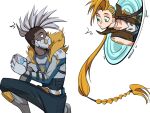  1boy 1girl ^^^ armor bare_shoulders belt blonde_hair blue_shirt blush brown_vest closed_mouth d_(xxl30433461) dark-skinned_male dark_skin ekko_(league_of_legends) fur_trim gauntlets green_eyes grey_background hair_ornament hairclip highres holding_cube jacket jinx_(league_of_legends) league_of_legends long_hair long_sleeves looking_at_another mask mohawk mouth_mask odyssey_jinx official_alternate_costume one_knee pants portal_(object) profile pulsefire_ekko shirt simple_background sweatdrop undercut upper_body vest 