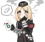  1girl absurdres armband black_gloves black_headwear black_jacket blonde_hair blush blush_stickers coffee coffee_mug commission cup english_commentary eyebrows_visible_through_hair garrison_cap girls&#039;_frontline gloves half_gloves hat highres holding holding_cup jacket jewelry long_sleeves military military_jacket military_uniform mp40_(girls&#039;_frontline) mug pixiv_request print_mug ring senlong45 short_hair smile solo sparkle thought_bubble uniform wedding_band wehrmacht yellow_eyes 