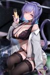  1girl animal_ear_fluff animal_ears bangs black_bra black_collar black_panties blue_hair bra breasts brown_legwear cat_ears cat_girl cat_tail cleavage collar colored_inner_hair cup drinking_glass garter_belt highres holding holding_cup hololive lamium_(artist) large_breasts long_sleeves looking_at_viewer multicolored_hair nail_polish navel nekomata_okayu off_shoulder panties parted_lips purple_eyes purple_hair purple_nails shirt sitting solo stomach tail tail_raised thighhighs underwear virtual_youtuber white_shirt 