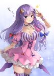  1girl :&lt; alternate_costume arm_up bangs blue_ribbon blunt_bangs blush breasts cleavage closed_mouth collarbone crescent crescent_hair_ornament dress frilled_dress frills hair_ornament hair_ribbon highres large_breasts long_hair looking_at_viewer patchouli_knowledge pink_dress purple_eyes purple_hair red_ribbon ribbon shironeko_yuuki solo sparkle standing star_(symbol) striped striped_legwear thighhighs touhou tress_ribbon v wrist_cuffs 