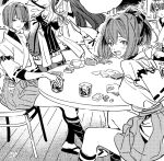  4girls card chair character_request commentary_request deco_(geigeki_honey) detached_sleeves drinking greyscale hyuuga_(kancolle) ise_(kancolle) kantai_collection kongou_(kancolle) long_hair monochrome multiple_girls nontraditional_miko playing_card ponytail short_hair sitting skin_tight table 