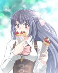  1girl assault_lily bangs belt belt_buckle blurry blurry_background blush bow bowtie braid brown_belt buckle character_name collared_shirt commentary_request corset covered_mouth crepe dated day eating eyebrows_visible_through_hair food fruit fukuyama_jeanne_sachie grey_hair hair_bow half_updo hands_up happy_birthday highres holding holding_food jewelry long_hair long_sleeves looking_at_viewer necklace numanuma outdoors pendant pink_bow pink_bowtie pink_eyes shirt solo strawberry suspenders sweatdrop twitter_username underbust upper_body white_shirt zipper_pull_tab 