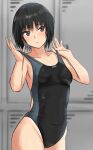  1girl absurdres amagami black_eyes black_hair black_swimsuit blurry blurry_background bob_cut breasts clothes_pull collarbone competition_swimsuit highres locker nanasaki_ai navel one-piece_swimsuit short_hair sideways_glance small_breasts solo swimsuit swimsuit_pull ykh1028 