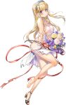  1girl barefoot blonde_hair bouquet breasts double_bun dress fletcher_(kancolle) fletcher_mk_ii_(kancolle) flower full_body hair_ornament hair_ribbon hairband holding holding_bouquet kantai_collection large_breasts long_hair looking_to_the_side net official_alternate_costume official_art pout purple_eyes ribbon shoes single_shoe skirt solo star_(symbol) star_hair_ornament torn_clothes transparent_background veil white_skirt zeco 