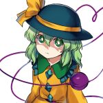  1girl black_headwear breasts bright_pupils buttons closed_mouth collared_shirt diamond_button eyeball frilled_shirt_collar frills green_eyes green_hair hat hat_ribbon heart heart_of_string himuhino komeiji_koishi long_sleeves meme no_bitches?_(meme) parody ribbon shirt short_hair simple_background small_breasts sun_hat third_eye touhou upper_body white_background wide_sleeves yellow_ribbon yellow_shirt 