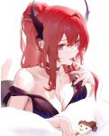  1girl alternate_hairstyle arknights atianshi bangs black_choker black_dress breasts choker cleavage collarbone demon_girl demon_horns dress food high_ponytail highres holding holding_food horns ice_cream large_breasts licking licking_finger long_hair looking_at_viewer lying on_stomach popsicle purple_eyes red_hair solo strap_slip surtr_(arknights) tongue tongue_out 