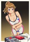  1girl arm_under_breasts bangs bike_shorts black_background blue_eyes blurry blurry_foreground blush bracelet breasts brown_hair cleavage collarbone commentary_request condom_box cowboy_shot dated gradient gradient_background gundam gundam_build_fighters gundam_build_fighters_try gunpla hand_on_own_arm highres hoshino_fumina jewelry kijinaka_mahiro large_breasts leaning_to_the_side looking_at_object medium_hair midriff model_kit navel open_clothes outline parted_lips partial_commentary ponytail scrunchie shorts sidelocks signature simple_background solo sports_bra standing sweat thigh_gap white_shorts white_sports_bra yellow_background 