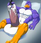  2022 4_fingers abs absurd_res accessory anatid anseriform anthro avian balls beak belly big_balls big_muscles big_penis bird bodily_fluids cock_ring croiyan cum duck english_text eyewear fingers genital_fluids genitals glasses hair hi_res huge_balls huge_penis hyper hyper_genitalia hyper_penis jewelry male mostly_nude muscular muscular_male orange_beak orange_feet penile penis penis_accessory penis_jewelry penis_milking penis_pump pillow pink_eyewear pink_glasses profanity purple_body purple_eyes ring simple_background solo text white_balls white_belly 