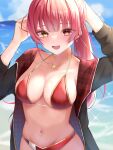  1girl :d arms_up bangs beach bikini black_jacket blush breasts cleavage cloud collarbone eyebrows_visible_through_hair gold_necklace gold_trim heart heart_necklace heterochromia highres hololive houshou_marine jacket long_hair looking_at_viewer medium_breasts navel no_hat no_headwear ocean official_alternate_costume open_mouth ponytail red_bikini red_eyes red_hair scarf_(50464982) sky smile solo stomach swimsuit two-sided_fabric two-sided_jacket upper_body virtual_youtuber water yellow_eyes 