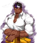  1boy apron bara beard black_eyes black_hair dark-skinned_male dark_skin eyebrow_cut facial_hair highres kizami_nori_to_yamaimo large_pectorals lilac_(live_a_hero) live_a_hero multicolored_hair muscular muscular_male partially_unbuttoned pectoral_cleavage pectorals purple_hair shirt short_hair sideburns simple_background sleeves_rolled_up smile solo streaked_hair thick_eyebrows twitter_username undressing upper_body white_hair white_shirt 
