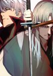  2boys absurdres blonde_hair cup gintama highres holding holding_cup holding_weapon ibaraki_shun japanese_clothes long_hair male_focus multiple_boys overlapped_images red_eyes sakata_gintoki sword transparent utsuro weapon white_hair wooden_sword 