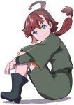  1girl absurdres ahoge bangs blue_eyes boots commentary gundam gundam_suisei_no_majo hairband highres k_katora long_hair looking_at_viewer low_ponytail ponytail protagonist_(gundam_suisei_no_majo) red_hair shorts sitting solo white_background 