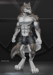  abs absurd_res anthro blue_eyes bottomwear canid canine canis clothing fur gm_chiou_(artist) grey_body grey_fur hi_res hotpants male mammal muscular muscular_male pecs shorts solo were werecanid werecanine werewolf white_body white_fur wolf 
