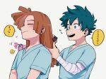  &gt;_&lt; 2boys animal_on_shoulder bandaged_arm bandages bird bird_on_shoulder blush boku_no_hero_academia brown_hair closed_eyes closed_mouth comb combing commentary_request covering_face freckles green_eyes green_hair hair_down hairdressing highres holding holding_another&#039;s_hair holding_comb hospital_gown kuwanosisyamo long_hair looking_at_another male_focus midoriya_izuku multiple_boys open_mouth pino_(boku_no_hero_academia) rody_soul short_hair short_sleeves simple_background smile speech_bubble teeth translation_request white_background 