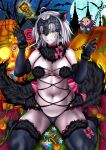  1girl ahoge animal_ears bow colored_skin cosplay elbow_gloves fake_animal_ears fate/grand_order fate_(series) fur-trimmed_gloves fur-trimmed_sleeves fur_collar fur_trim gloves halloween harukey headpiece highres jeanne_d&#039;arc_alter_(fate) mash_kyrielight mash_kyrielight_(dangerous_beast) midriff navel paw_pose pumpkin red_bow saint_quartz_(fate) sitting spread_legs thighhighs wariza white_hair white_skin yellow_eyes 