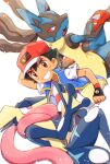  1boy arm_behind_head ash_ketchum bangs baseball_cap black_hair blue_jacket blurry brown_eyes chitozen_(pri_zen) commentary_request fingerless_gloves gloves greninja grin hat highres jacket lucario male_focus mega_lucario mega_pokemon pokemon pokemon_(anime) pokemon_(creature) pokemon_swsh_(anime) red_headwear shirt short_hair short_sleeves shorts sleeveless sleeveless_jacket smile t-shirt teeth twitter_username watermark white_background white_shirt 