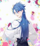 1boy alternate_costume back bangs cu_chulainn_(fate) cu_chulainn_(fate/prototype) e_(h798602056) earrings fate/grand_order fate/prototype fate_(series) highres jewelry long_hair looking_back male_focus open_mouth paint_splatter ponytail red_eyes shirt smile solo white_shirt 
