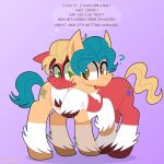  1:1 amber_eyes blonde_hair cutie_mark earth_pony embrace english_text equid equine green_eyes hair hasbro hi_res hitch_trailblazer_(mlp) hooves horse hug leg_markings mammal markings mlp_g5 my_little_pony pony question_mark saveraedae socks_(marking) sprout_cloverleaf_(mlp) text thought_bubble turquoise_hair 