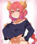  animal_humanoid big_breasts blush breasts clothing clothing_pull dalley-the-alpha dragon dragon_humanoid female hair hand_on_hip hi_res horn huge_breasts humanoid ilulu miss_kobayashi&#039;s_dragon_maid navel nipple_outline pink_eyes pink_hair shirt shirt_pull solo topwear topwear_pull under_boob white_body white_skin 