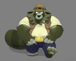  2022 anthro belly big_belly bottomwear canid canine clothing cowboy cowboy_hat green_body hat headgear headwear hi_res humanoid_hands male mammal overweight overweight_male pants raccoon_dog runxforest shirt simple_background solo tanuki topwear 