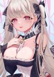 1girl :p azur_lane bangs bare_shoulders between_breasts black_bow black_nails blonde_hair blue_background blush bow breasts cleavage detached_collar earrings eyebrows_visible_through_hair finger_to_cheek formidable_(azur_lane) frills gradient gradient_background hair_bow heart heart-shaped_pupils highres jewelry large_breasts long_hair long_sleeves looking_back nail_polish sirom sleeves_past_wrists smile solo symbol-shaped_pupils tongue tongue_out twintails twitter_username underbust upper_body very_long_hair 