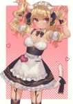  animal_ears apron black_bow black_dress blonde_hair border bow breasts cat_ears cat_tail cleavage dark-skinned_female dark_skin detached_collar dress eyebrows_visible_through_hair hair_lift heart highres looking_to_the_side looking_up maid maid_apron maid_headdress medium_breasts momotsuki_kurumi nijisanji outside_border pink_eyes tail takamiya_rion virtual_youtuber white_border 