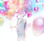  1boy absurdres balloon blue_background closed_eyes green_pants green_shirt highres hospital_band hospital_gown male_focus multicolored_background nyamnyam0502 pants paradox_live purple_hair shirt short_hair short_sleeves smile solo white_background yatonokami_nayuta 