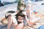 2girls arknights arm_strap bare_shoulders beach black_gloves black_headwear black_swimsuit breasts casual_one-piece_swimsuit crocodilian_tail day eating feet_out_of_frame fingerless_gloves flower food gavial_(arknights) ginnnn- gloves green_hair hair_flower hair_ornament highres holding holding_food knee_up long_hair looking_at_viewer medium_breasts multiple_girls navel official_alternate_costume on_ground one-piece_swimsuit open_mouth orange_eyes outdoors parted_lips pointy_ears ponytail silver_hair single_glove sitting smile starfish stomach swimsuit thigh_strap tomimi_(arknights) tomimi_(silent_night)_(arknights) underboob very_long_hair visor_cap water white_flower white_swimsuit 