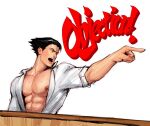  1boy abs ace_attorney alternate_muscle_size alternate_pectoral_size bara bare_pectorals black_hair collared_shirt english_commentary hair_slicked_back large_pectorals male_focus muscular muscular_male nipples objection pectorals phoenix_wright pointing_to_the_side shirt short_hair sideburns solo sweat theo_(theobromicart) unfinished upper_body 