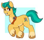  chest_tuft cutie_mark earth_pony equid equine eyebrows feral green_hair green_tail hair hasbro hitch_trailblazer_(mlp) hooves horse lulubell male mammal mlp_g5 my_little_pony one_eye_closed pony smile solo tuft yellow_body 