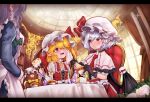  3girls ;d absurdres ascot bangs bat_wings blonde_hair blue_hair blush border braid brooch cake capelet chair cup curtains dress embellished_costume flandre_scarlet flower food fork fruit gloves hair_between_eyes hat hat_ribbon highres holding indoors izayoi_sakuya jewelry kasuti letterboxed long_sleeves looking_at_another maid maid_headdress mob_cap multiple_girls one_eye_closed open_mouth plate pointy_ears puffy_sleeves red_eyes red_ribbon remilia_scarlet ribbon rose short_hair short_sleeves siblings silver_hair sisters sitting smile strawberry strawberry_shortcake table tablecloth teacup tiered_tray touhou twin_braids white_headwear window wings 