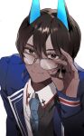  1boy arjuna_(fate) arjuna_alter_(fate) arjuna_alter_(student_council_president)_(fate) bangs black_eyes black_hair blood_dumpling1 blue_jacket blue_necktie brown_eyes brown_hair closed_mouth collared_shirt commentary_request dark-skinned_male dark_skin fate/grand_order fate_(series) glasses glowing_horns hair_between_eyes horns jacket korean_commentary long_sleeves looking_at_viewer male_focus necktie official_alternate_costume shirt simple_background smile solo upper_body white_background 