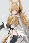  1girl animal_ear_fluff animal_ears arknights black_gloves blonde_hair blush breasts brown_eyes cape closed_mouth elbow_gloves elbow_pads from_behind gloves grey_background headset highres horse_ears implied_extra_ears large_breasts long_hair looking_at_viewer looking_back mikozin nearl_(arknights) nearl_the_radiant_knight_(arknights) shoulder_pads simple_background solo sparkle upper_body white_cape 
