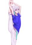  1boy belt blue_hair blue_shirt flexible highres looking_at_viewer male_focus multicolored_hair nyamnyam0502 pants paradox_live purple_eyes purple_hair shirt short_sleeves solo stretch stretched_limb sweatpants white_background yatonokami_kanata 