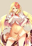  1girl animal_on_head bird bird_on_head bird_tail bird_wings blonde_hair breasts brown_dress chick chicken contrapposto covered_navel cowboy_shot dress eyelashes feathered_wings hand_on_hip highres large_breasts multicolored_hair niwatari_kutaka on_head orange_dress raptor7 red_hair shirt solo tail tail_feathers touhou two-tone_hair white_shirt wings yellow_wings 