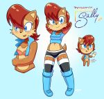  anthro archie_comics blue_eyes blush breasts brown_body brown_fur chipmunk clothed clothing disfigure female fur ground_squirrel hair hi_res looking_at_viewer mammal navel red_hair rodent sally_acorn sciurid sega simple_background solo sonic_the_hedgehog_(archie) sonic_the_hedgehog_(comics) sonic_the_hedgehog_(series) text 