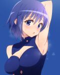  1girl :o arm_up armpits bare_shoulders blue_background blue_dress blue_eyes blue_hair blush breasts ciel_(tsukihime) clothing_cutout dress eyebrows_visible_through_hair highres itsuka_neru large_breasts looking_at_viewer powered_ciel short_hair simple_background sleeveless sleeveless_dress solo steaming_body sweatdrop tsukihime tsukihime_(remake) upper_body 