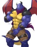  abs absurd_res anthro belt big_pecs black_horn blue_body bottomwear bulge clothed clothing dragon hi_res horn maldu male muscular muscular_anthro muscular_male nipples partially_clothed pec_grasp pecs shorts simple_background solo white_background wings 
