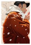  1boy absurdres alternate_costume baseball_cap black_eyes black_headwear breath brown_vest cold from_side golden_kamuy hat highres looking_away male_focus shiraishi_yoshitake snow snowing tsukumiiii vest winter_clothes 