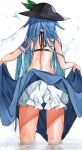  1girl absurdres ass back black_headwear bloomers blue_hair blue_skirt clothes_lift facing_away food from_behind fruit hat highres hinanawi_tenshi leaf lifted_by_self long_hair peach skirt skirt_lift solo touhou tsune_(tune) underwear very_long_hair wading water wet white_background 