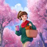  1girl bangs basket blunt_bangs brown_eyes brown_hair cat cherry_blossoms cloud cloudy_sky coffee_cup cup day disposable_cup english_commentary googly_eyes green_scrunchie green_sweater hair_ornament hair_scrunchie hanami headphones highres kotikomori lofi_girl lofi_girl_(youtube) official_art outdoors oversized_clothes petals red_scarf scarf scrunchie second-party_source short_hair sky solo_focus spring_(season) sweater teeth upper_teeth walking wireless 