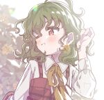  1girl ahoge bangs blurry blurry_background blush bow bowtie breasts brown_flower buttons closed_mouth collared_shirt commentary_request dress earrings eyebrows_visible_through_hair eyelashes fingernails flower flower_earrings green_hair hair_between_eyes hand_up jewelry kazami_yuuka leaf long_sleeves looking_to_the_side medium_breasts one_eye_closed plaid plaid_dress puffy_long_sleeves puffy_sleeves red_dress red_eyes satomachi shirt short_hair simple_background smile solo sparkle teeth touhou umbrella upper_body wavy_hair white_background white_shirt yellow_bow yellow_bowtie yellow_flower 