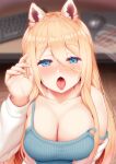  1girl animal_ears bangs blonde_hair blue_eyes blue_shirt blurry blurry_background blush breasts cleavage dog_ears dog_girl eyebrows_visible_through_hair from_above hair_between_eyes hand_up highres keyboard_(computer) large_breasts long_hair long_sleeves looking_at_viewer mouse_(computer) mousepad_(object) open_mouth original shirt solo strap_slip tachimi_(basue) tongue tongue_out upper_body 