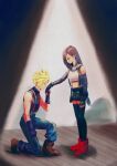  1boy 1girl absurdres bare_shoulders black_gloves black_hair black_legwear black_skirt blonde_hair blush boots cloud_strife detached_sleeves earrings final_fantasy final_fantasy_vii final_fantasy_vii_remake fingerless_gloves gloves highres hugo_artist jewelry kiss kissing_hand kneeling long_hair midriff red_eyes red_footwear skirt spiked_hair stage stage_lights suspender_skirt suspenders tank_top thighhighs tifa_lockhart turtleneck 