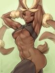  3:4 abs anthro athletic athletic_female bottomless breasts clothed clothing female hands_behind_head hi_res mega_evolution mega_lopunny muscular muscular_female nintendo pinktaco pinup pok&eacute;mon pok&eacute;mon_(species) pose shirt smile solo tank_top topwear under_boob video_games 