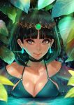  1girl artist_name bangs bare_shoulders blue_eyes blunt_bangs bob_cut bra breasts circlet cleavage closed_mouth collarbone commentary_request earrings eyebrows_visible_through_hair foliage freckles glowing glowing_earrings green_bra green_hair highres jewelry leaf lips looking_at_viewer magion02 medium_breasts medium_hair original patreon_username plant realistic reflection reflective_water see-through shadow shiny shiny_skin smile solo thick_eyelashes underwear upper_body water 