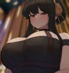  1girl bare_shoulders black_dress black_hair breasts cleavage dress earrings eyebrows_visible_through_hair gold_earrings gold_hairband highres jewelry korean_commentary large_breasts long_hair looking_at_viewer red_eyes rose_hair_ornament sitting sonic2452 spy_x_family yor_briar 
