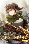  1girl armor blurry blurry_background breastplate brown_hair cloak commentary_request copyright_name copyright_request cover cover_page debris fire green_cloak gun hair_between_eyes highres holding holding_gun holding_weapon jesse_(kakiclover) korean_commentary korean_text looking_away medium_hair novel_cover official_art ponytail serious smoke solo weapon 